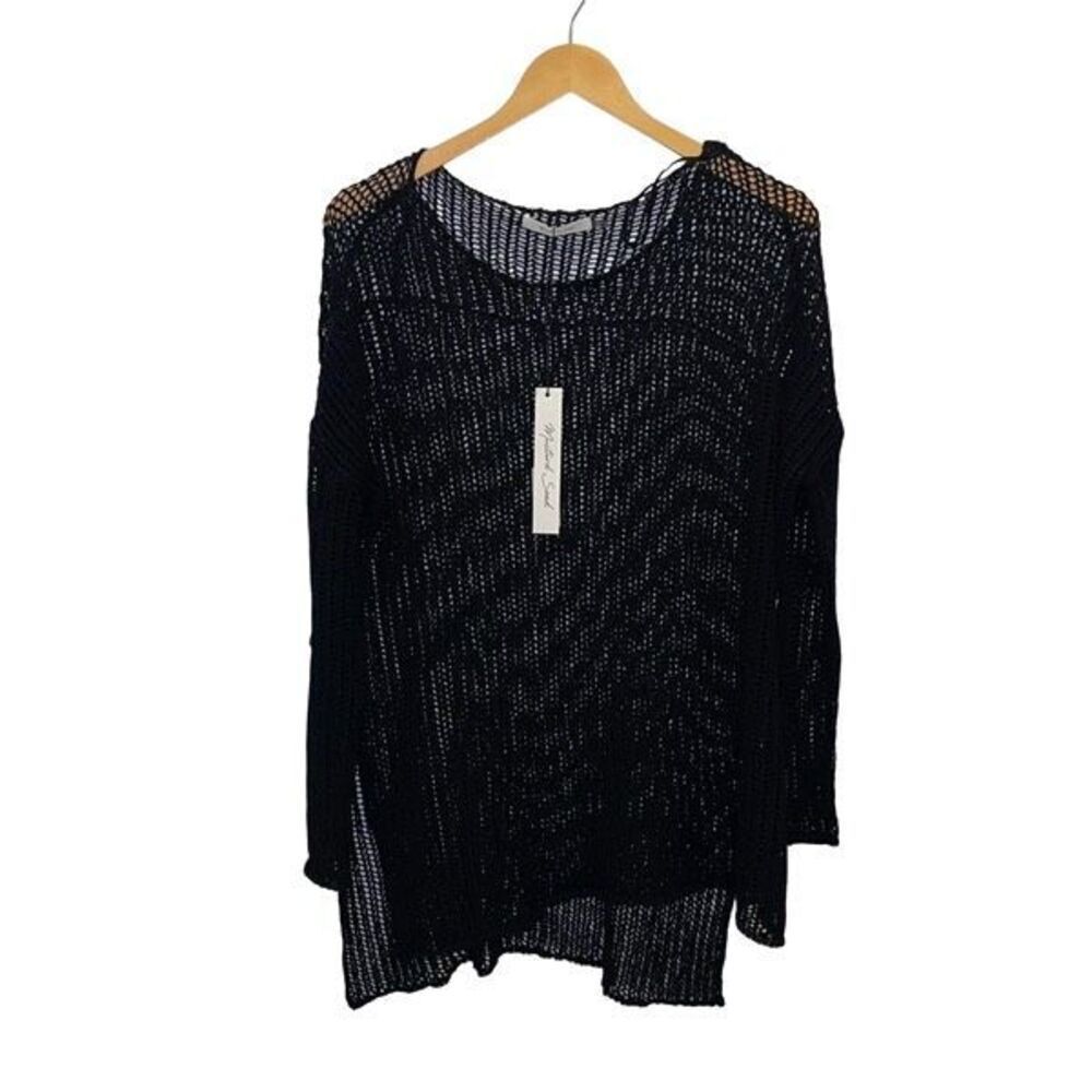 Mustard Seed Womens Open Knit Long Sleeve High Low‎ Hollow Top Black Small NWT